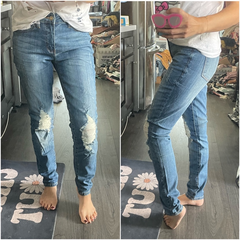 027 Kan Can Medium Wash Mid Rise Distressed Skinny Denim Jeans - Picture 3 of 4